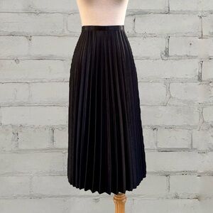 Pleated Black Satin Midi Skirt